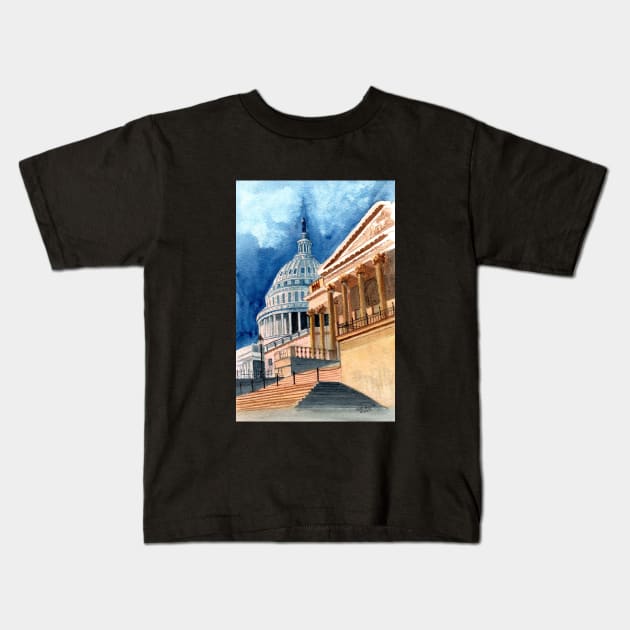 US Capitol Watercolor Kids T-Shirt by MMcBuck